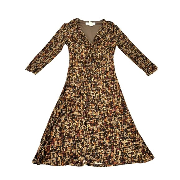 Evan-Picone Women's Sz 4 Brown Geometric Print V-Neck Dress Twisted Bust Detail - Picture 2 of 9